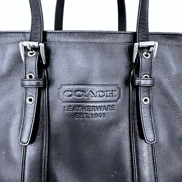 Coach Hamptons Black Leather Tote Bag Classic Shoulder Carry Handbag - Picture 4 of 12